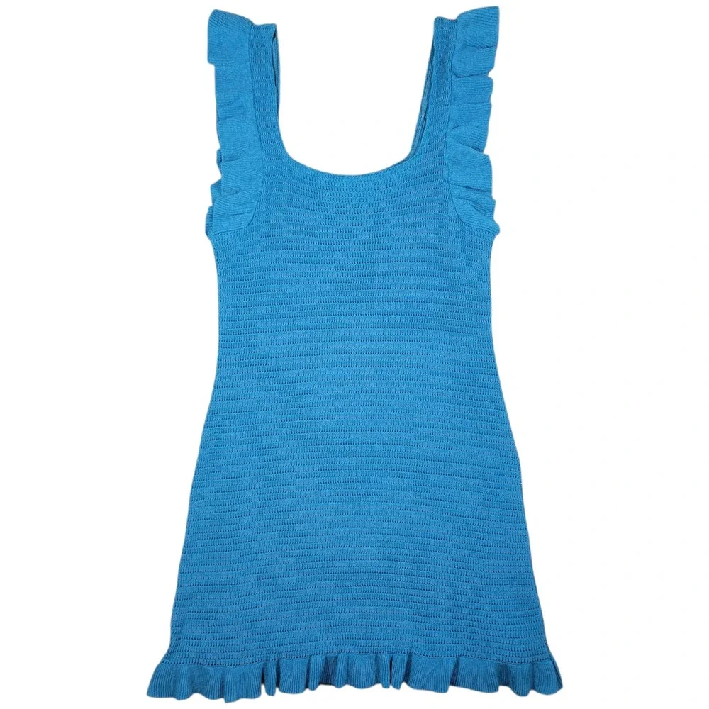 Anthropologie Ruffled Pointelle Knit Mini Dress Womens M Blue Green Lined Summer